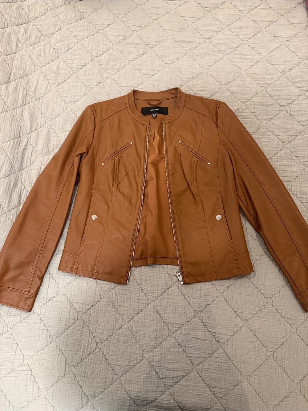 Vero Moda Cognac Brown Collarless Leather Jacket